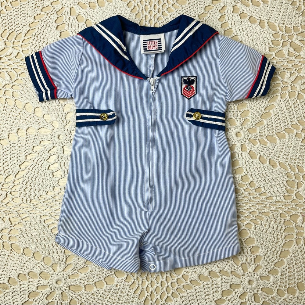 Vintage Little Guys Blue & Navy Striped Sailor Romper